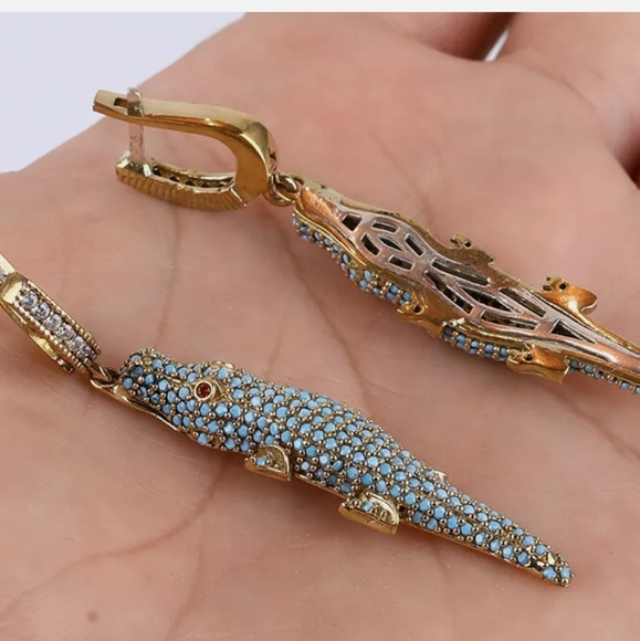 Turquoise Sterling & Bronze Crocodile Earrings - Picture 4 of 4
